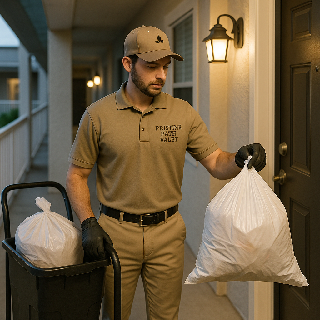 Pristine Path Valet staff member in uniform collecting trash bags