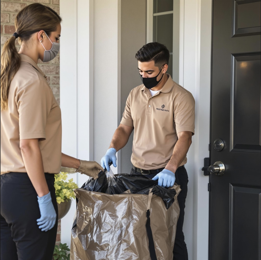Pristine Path Valet staff members demonstrating proper trash disposal to a resident